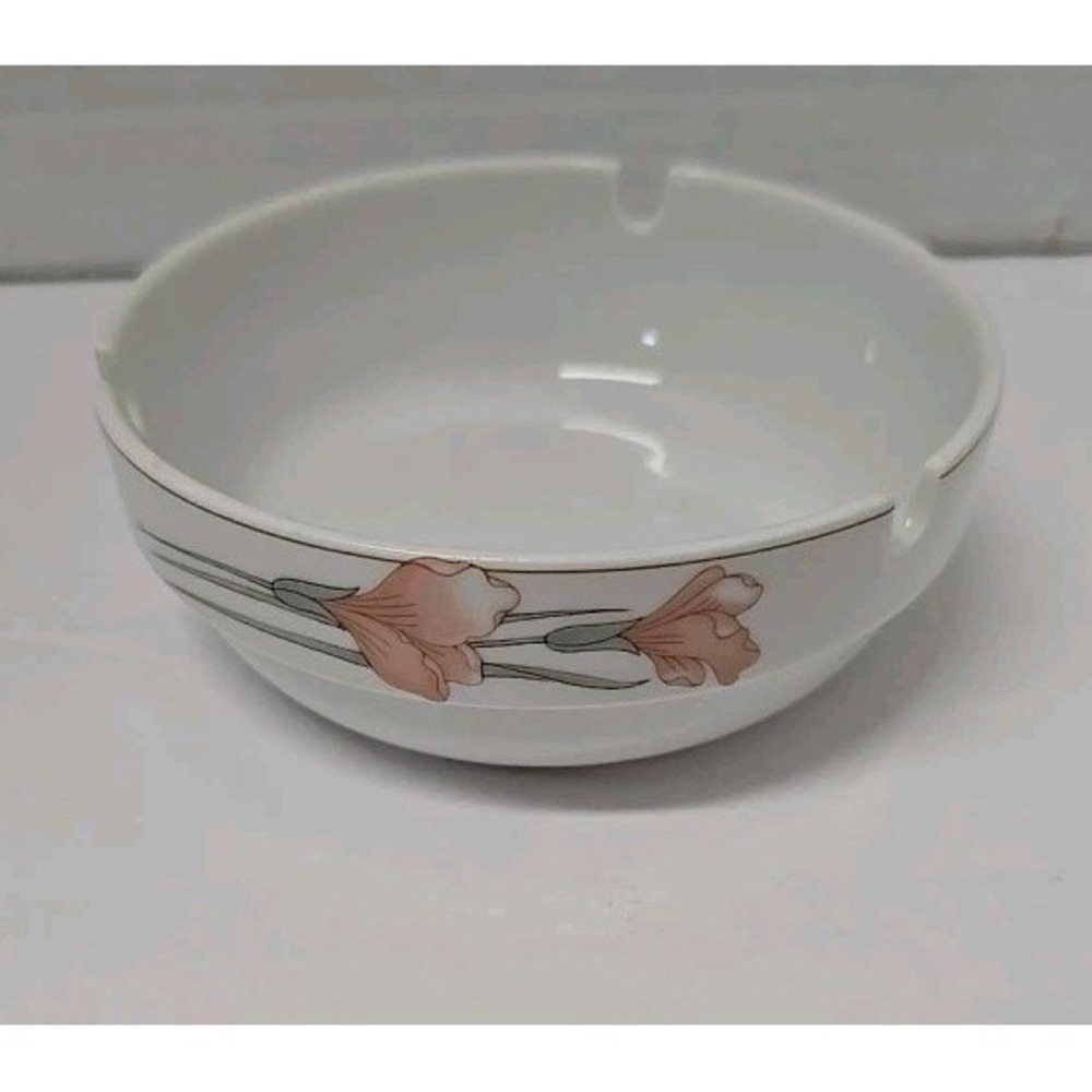 Vintage Schonwald Germany Round Pink Calla Lily Porcelain Ashtray Cottagecore